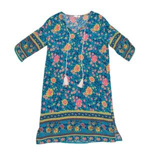 Halife Floral Boho Tassel Dress Size M – Blue Multicolor Tunic Shift